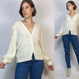 Vintage 1980s NUBBY Cream Cardigan with PUFF Sleeves & PEARL Buttons! Medium